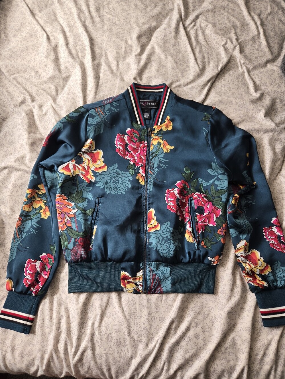 Polly Esther Women's Blue Teal Floral Full Zip Varsity Jacket